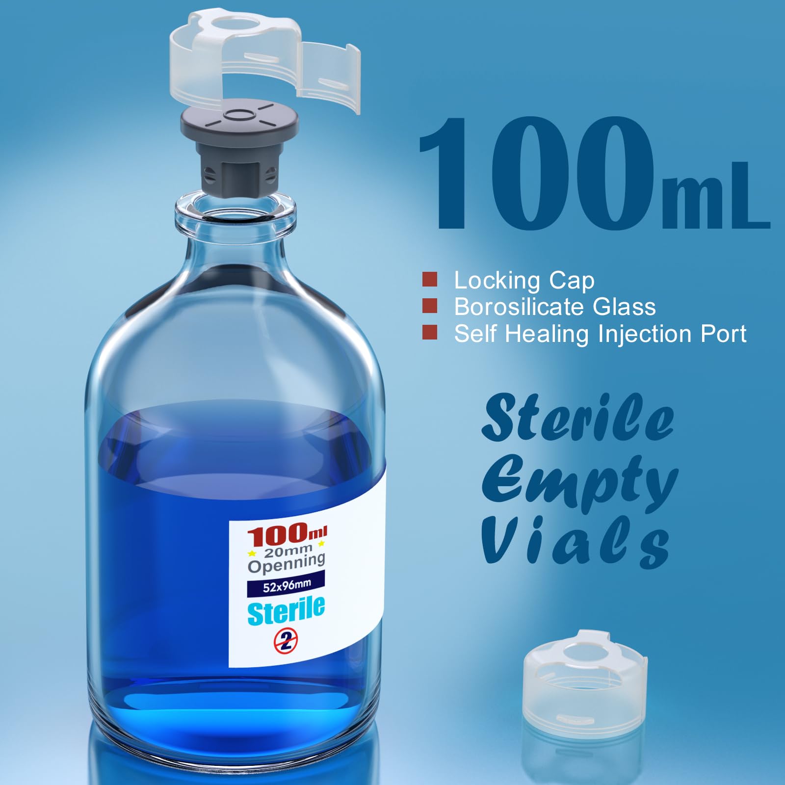 Sterile Glasfläschchen mit Verschlusskappe und selbstheilendem Butylkautschuk-Injektionsanschluss, Schnallenabdeckung, Probenfläschchen, einzeln sterilisiert, Paket von (4pcs.100 ml)