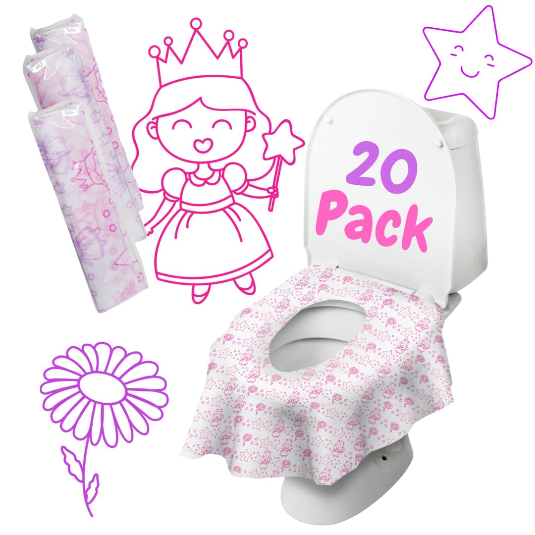 Jednorazowe pokrowce na deskę sedesową Princess dla dzieci i dorosłych: 20 XL, wodoodporne, przenośne, pojedynczo owinięte pokrowce na deskę sedesową, która całkowicie zakrywa każdą toaletę