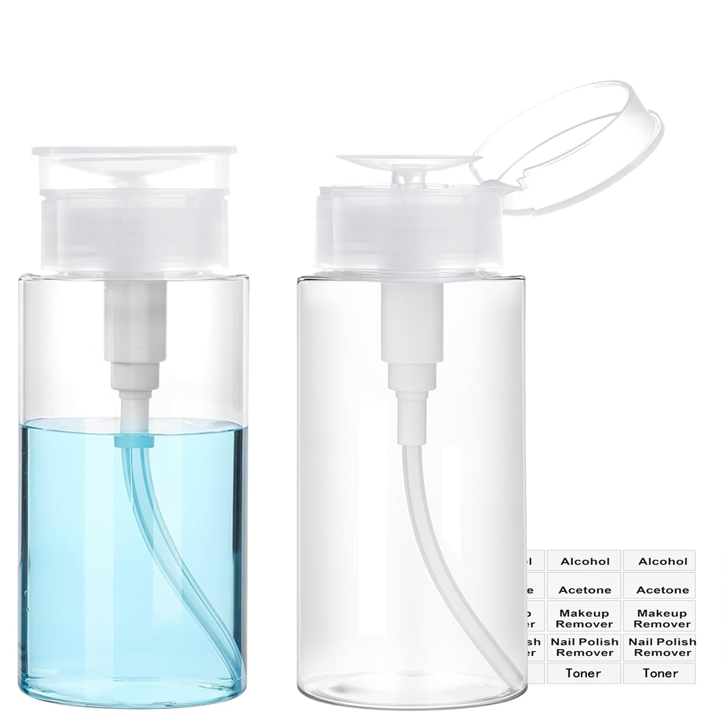 Push Down Pump Dispenser, 3.4oz Clear Pump Bottles with Alcohol, Acetone, Nail Polish Remover, Makeup Remover, Toner Stickers Empty Push Top Container for Liquid (100ml-2Pack)