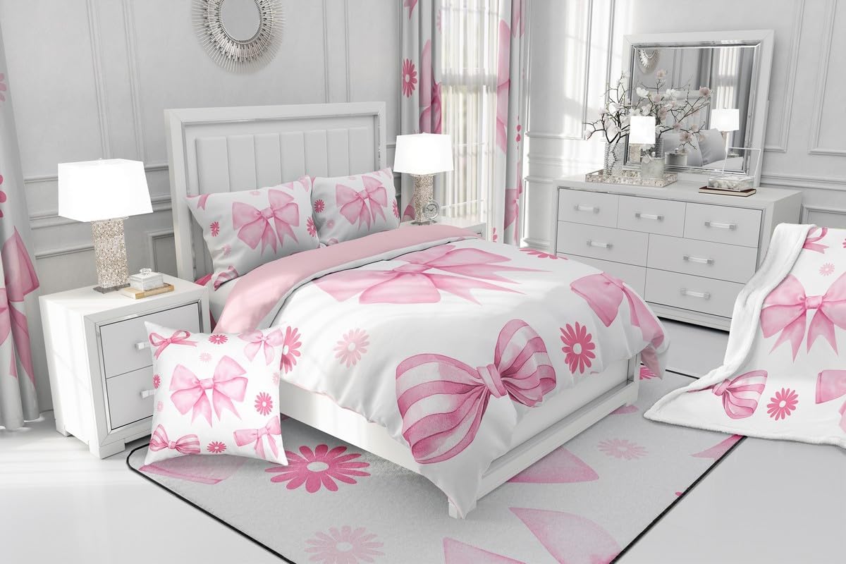 Erosebridal Coquette Ribbon Bows Comforter Set Twin,Retro Vintage Flower Floral Bedding,Kawaii Bowknots Down Comforter,Dreamy Princess Style Quilt