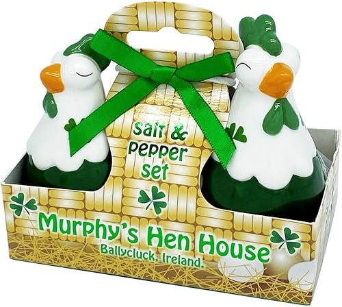 Royal Tara Juego de 2 saleros y pimenteros de cerámica irlandesa, juego de 2 gallinas verdes, trébol, porcelana, kithenware, Irlanda, 3.1 pulgadas