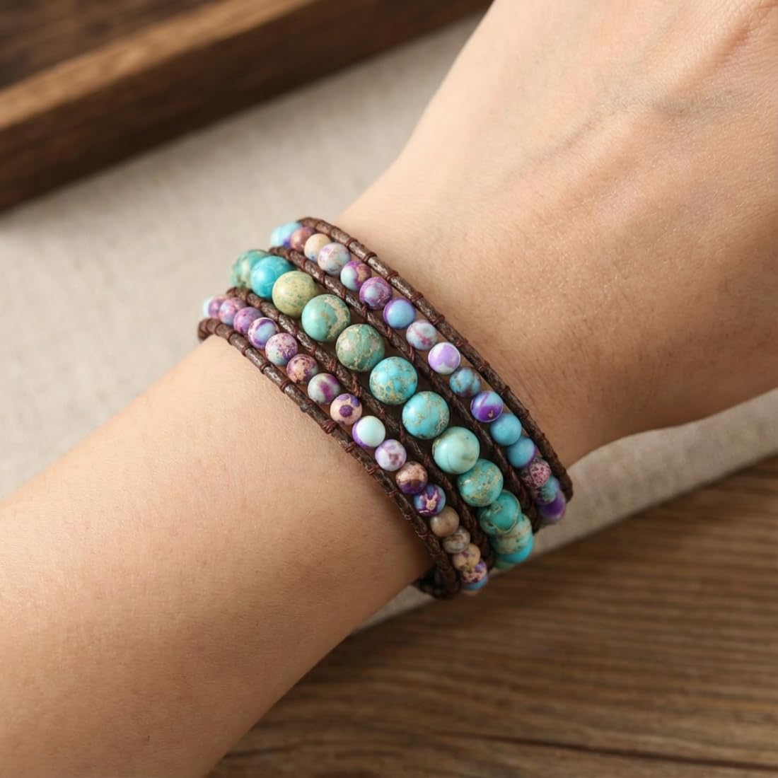 YGLINE Boho Handmade Natural Stone Bead 3 Row Wide Wrap Wrist Statment Bracelet Jewelry Collection - Image 2