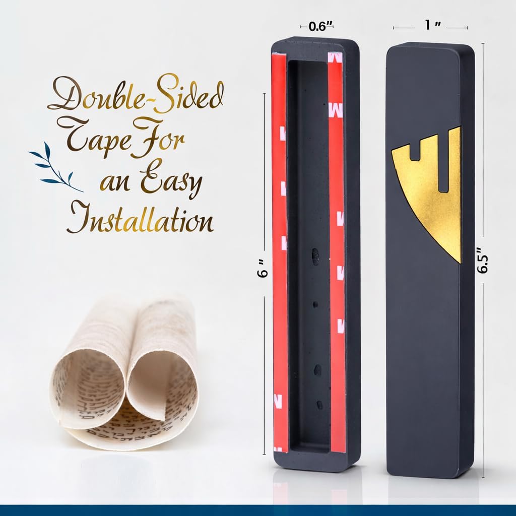Modern Concrete Mezuzah Case for Door, Melted-in Gold Shin, Waterproof & Weatherproof, Easy Peel and Stick Installation, Fits Up to 6-Inch Scroll (1, Black)