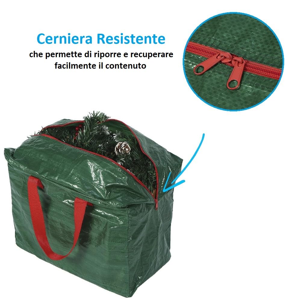 Paluplus 3 Custodie per Decorazioni Natalizie, Misura 46x25x38 cm, Borsa Verde con Cerniera e Manici, Custodia Impermeabile, Protezione da Polvere e Umidità, Sacco per Addobbi di Natale -4345C