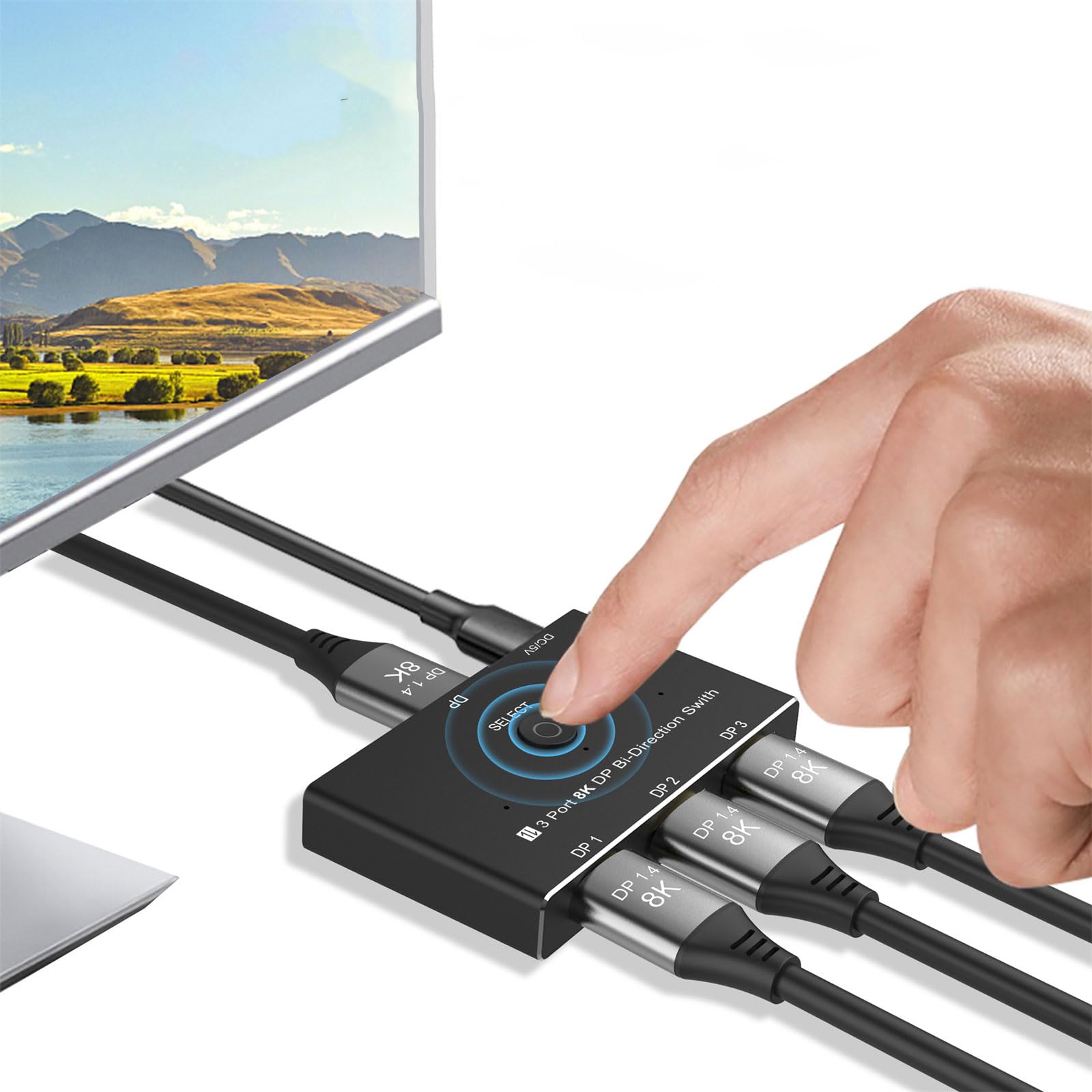 Boîtier Switch DisplayPort 3 En 1 - Sortie 8K30Hz Ou 4K144Hz, Alimentation USB-C, Compatible DP 1.4