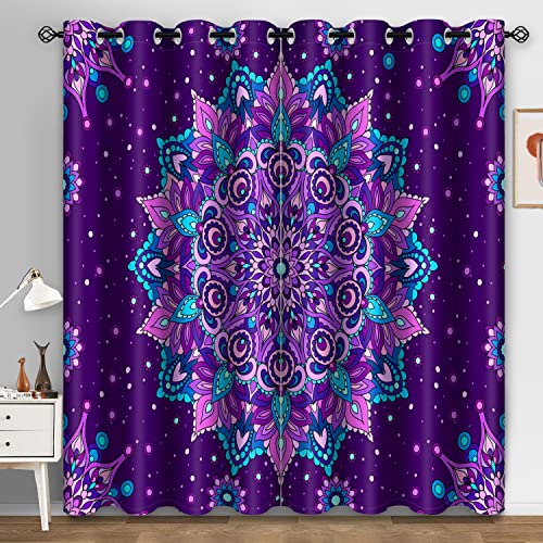 Aimego Boho Floral Blackout Curtains Purple Mandala Flowers Bohemian Window Drapes Decor For Bedroom Living Room Grommet Top Room Darkening Curtains 2 Panel Set, 52"X84" #TOP11