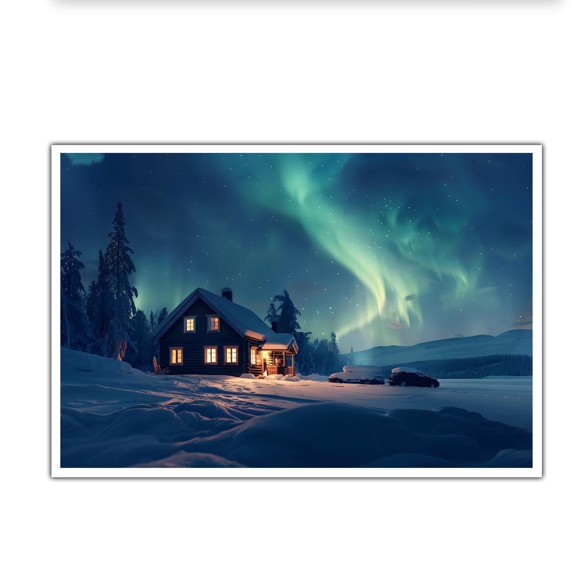 OSHIONARTE Aurora Borealis Canvas Wall Art Snowy Night Cabin Scenery Canvas Poster Prints for Office Living Room Bedroom Farmhouse Wall Decor 35x50cm Frameless