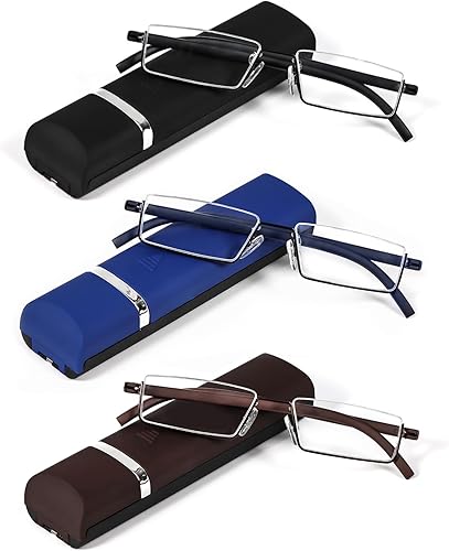 Miniatura 10 de REAVEE Elegantes gafas de lectura de medio marco para mujeres damas media lente ligero rectángulo metal lectores portátiles con estuches, rojo +3.0