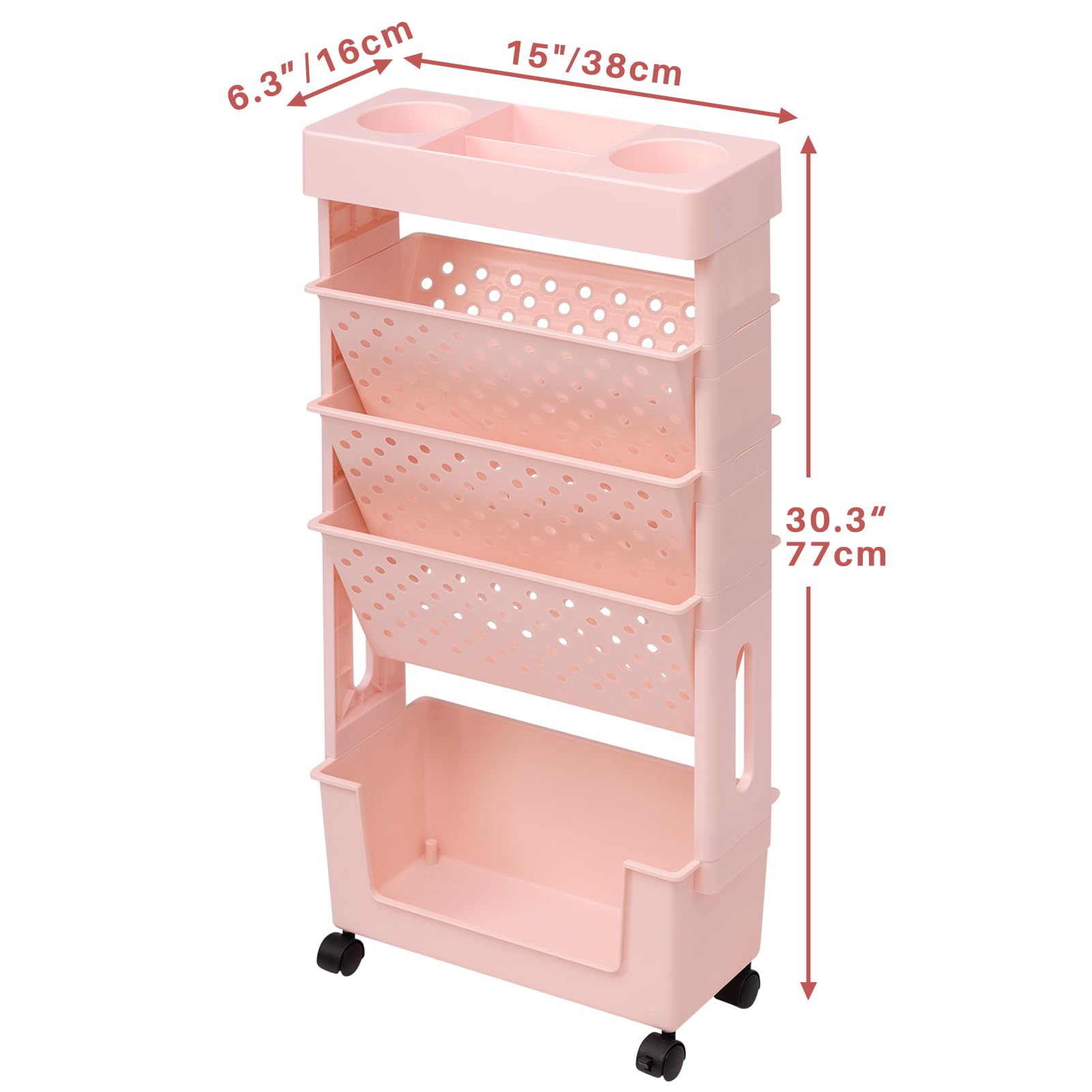 DOEWORKS Petite Bibliothèque roulettes Mobile Livre Chariot de Rangement 5 Niveaux Étagère à Livres Chariot Roulant pour Salon Chambre à Coucher Bureau, Rose