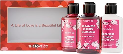 THE LOVE CO. Japanese Cherry Blossom Bath and Body Care Gift Set Box | Body Wash, Body Lotion, Shampoo | Pack of 3 | For Men and Women | Pampering Kit for Birthday ,Anniversary & All Special Occasions | Premium Gift Packaging 100% Vegan