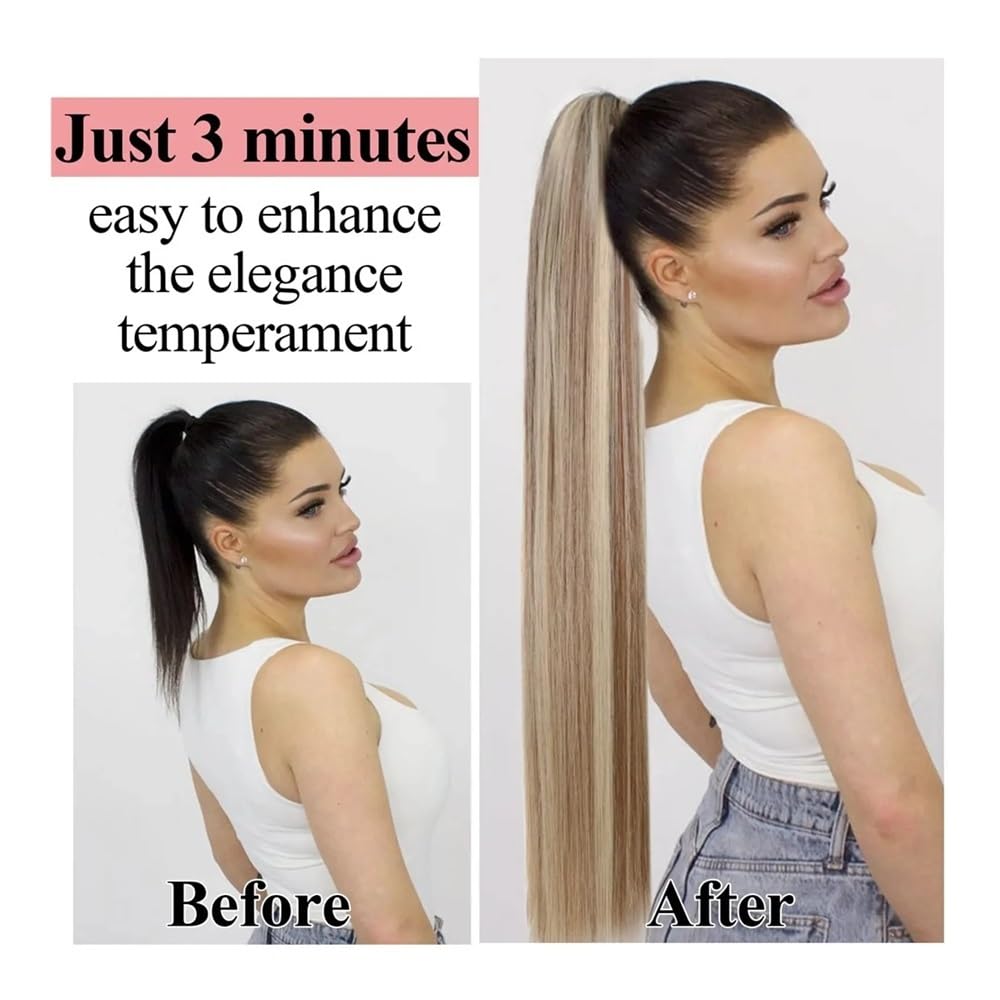 Extensions Haar Highlight Blonder langer Pferdeschwanz 120G Clip-In Haarverlängerungen Kordelzug Glatt Clip In 100% Echthaarverlängerungen #P8/613 Haarpflege(20inch)