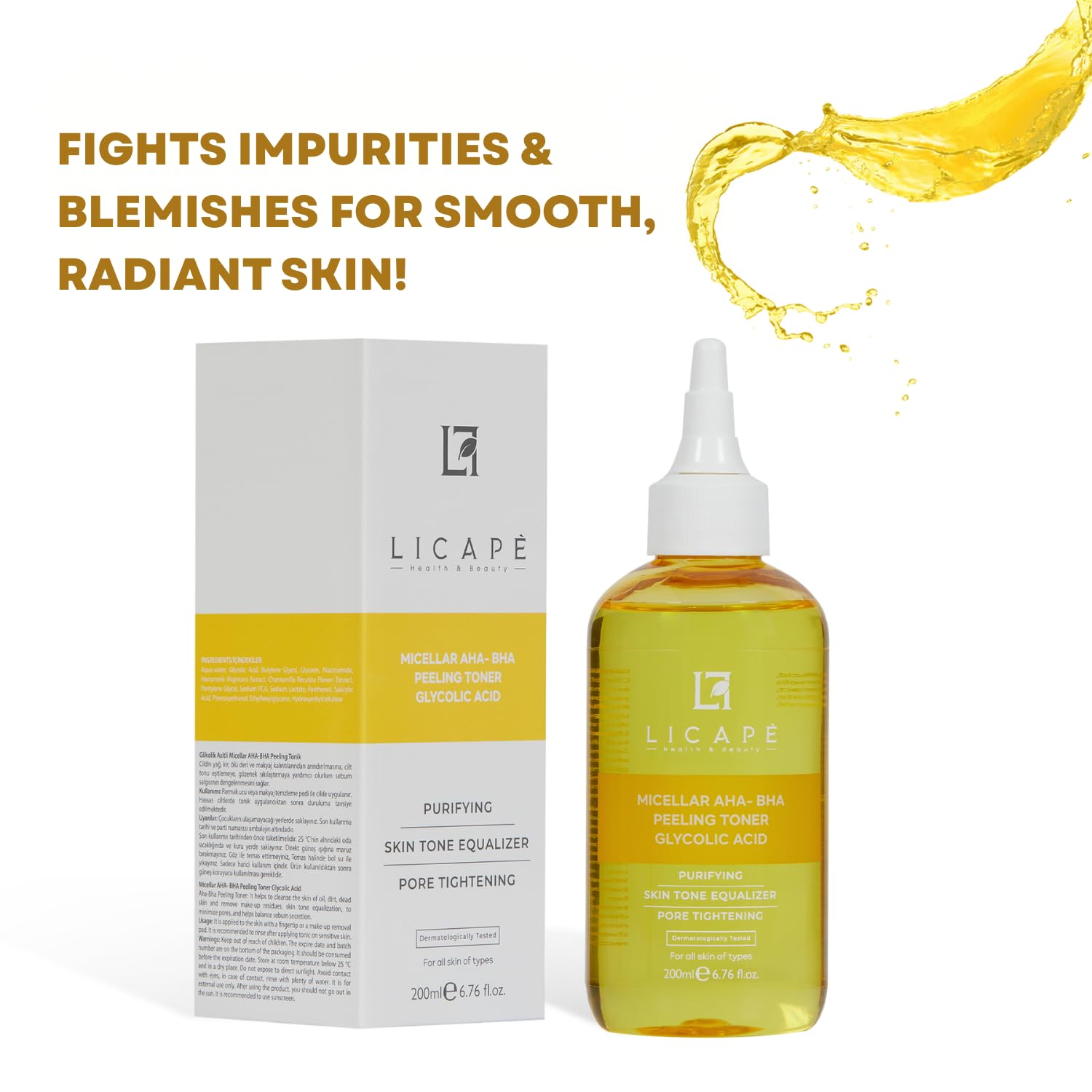 Licape Micellar Glikolik Asitli AHA-BHA Peeling Tonik – Cilt Arındırıcı, Gözenek Sıkılaştırıcı ve Cilt Tonu Eşitleyici Yüz Toniği – 200 ml