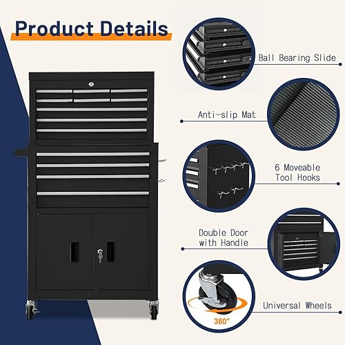 Miniatura 5 de Caja de herramientas con 13 cajones, puerta doble, rodante, 2 en 1, desmontable, caja de herramientas con cajones y ruedas, gabinete de herramientas