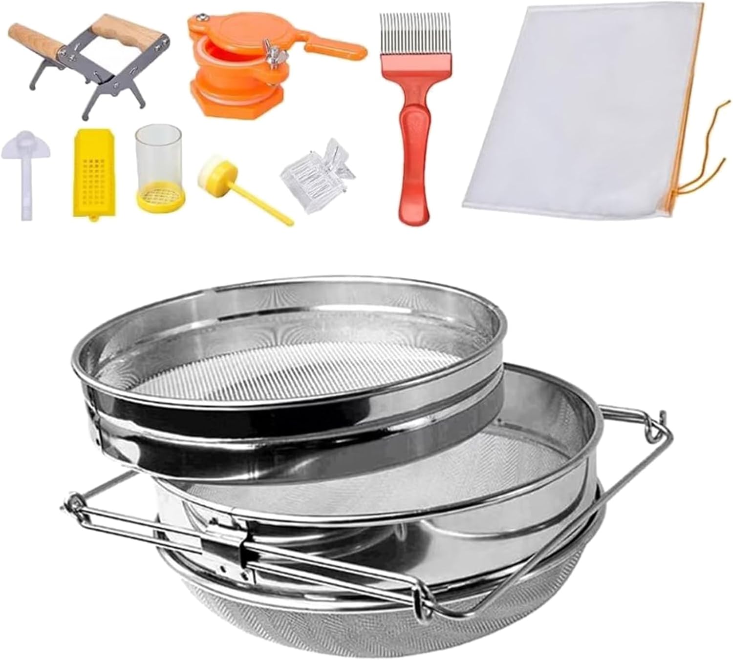 養蜂家収穫セットハニーフィルターバッグステンレス鋼二重ふるいストレーナーフレームホルダー養蜂家養蜂