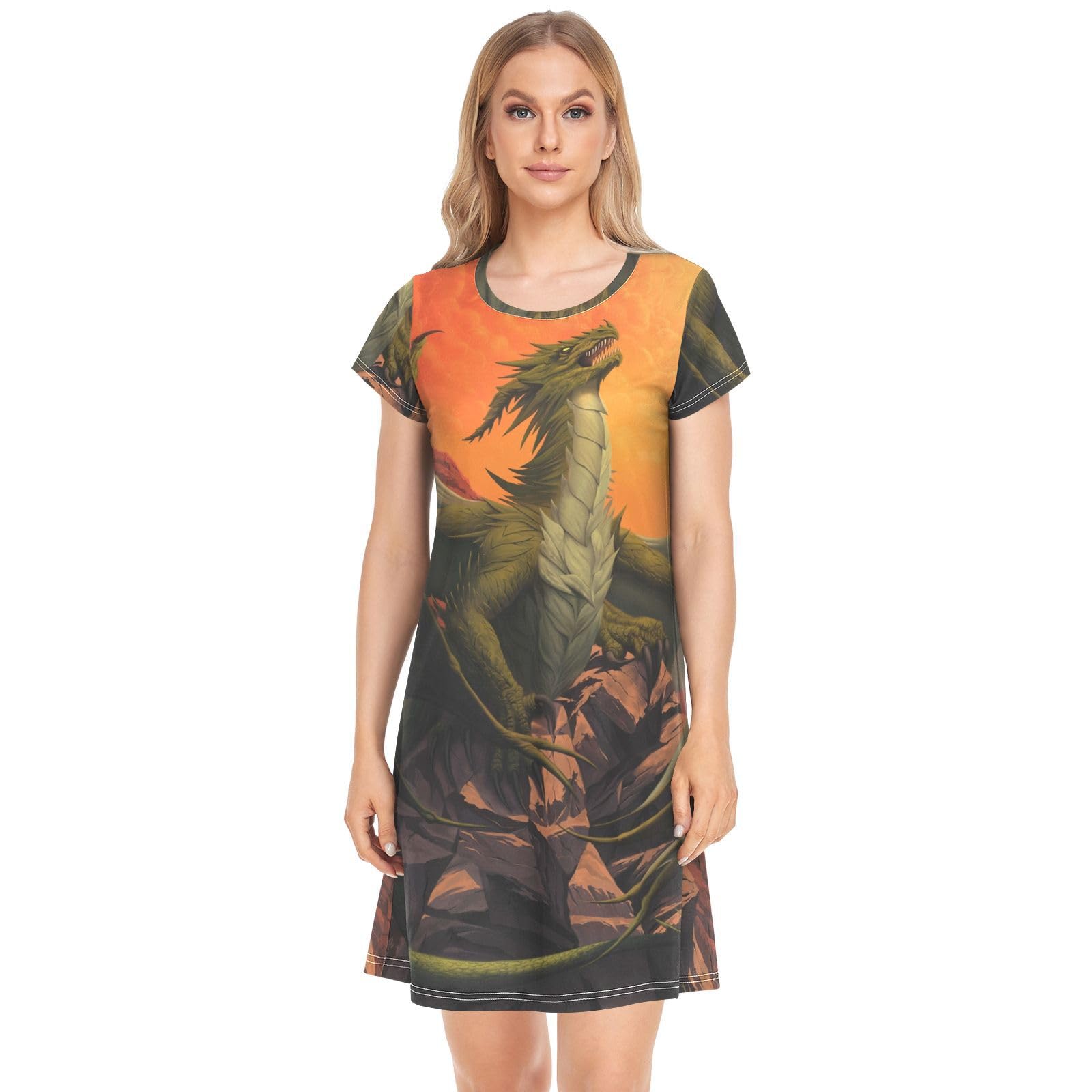 YOUJUNER Women's Nightdress Dragon Print Nighties Nightgown Short Sleeve Nightshirt Sleepwear Loungewear T-Shirt Dress