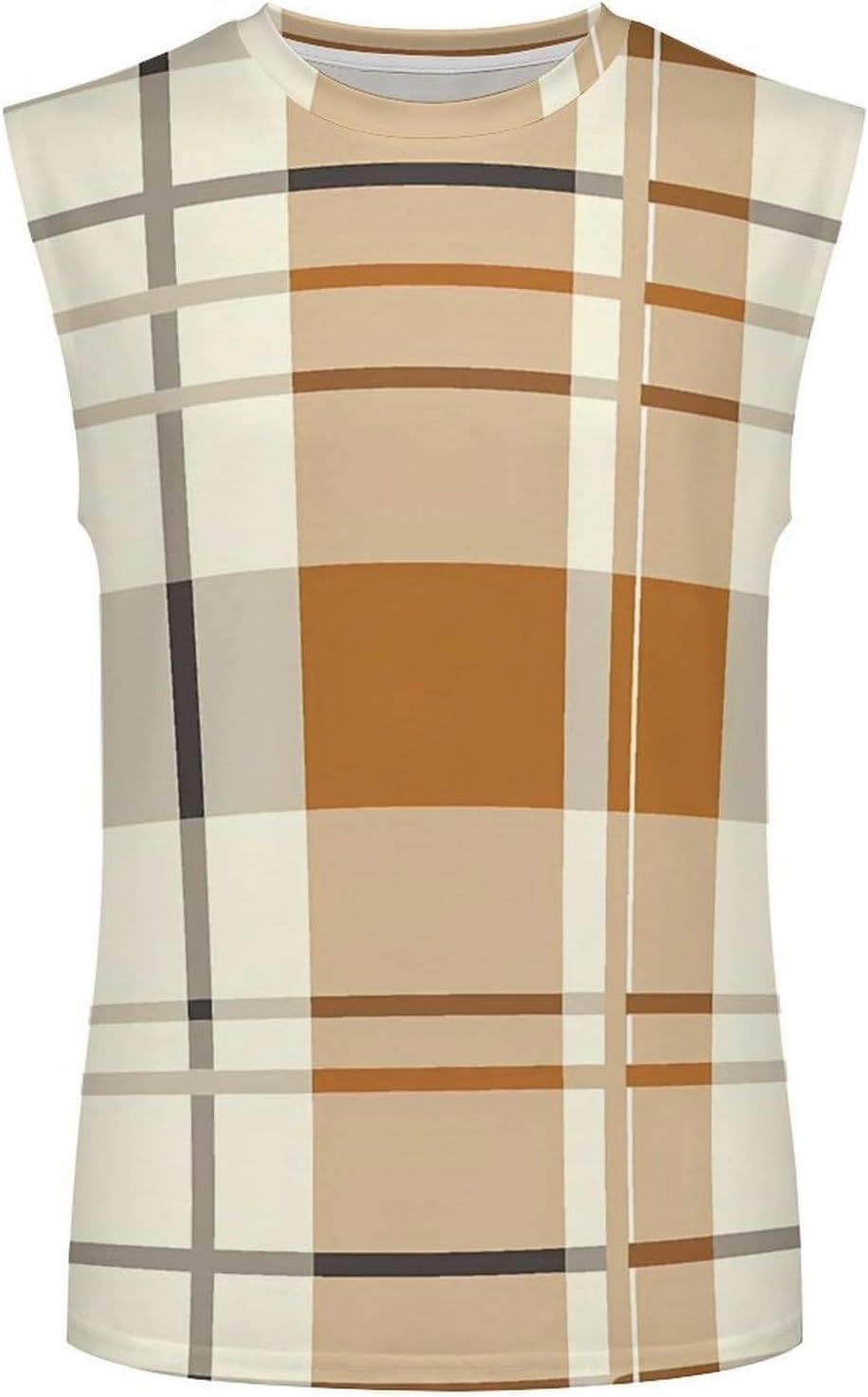 Caramel Brown Plaid Men Summer Sleeveless Crew Neck Top 5XL