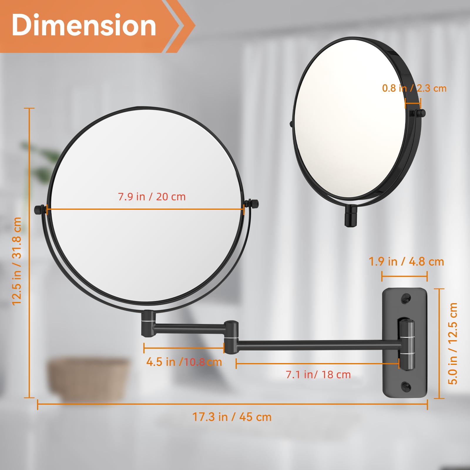 Espejo de maquillaje de 8 pulgadas montado en la pared, 1X/10X, espejo de baño de aumento de doble cara con brazo extensible, espejo giratorio de 360° para baño y maquillaje, negro (sin luz