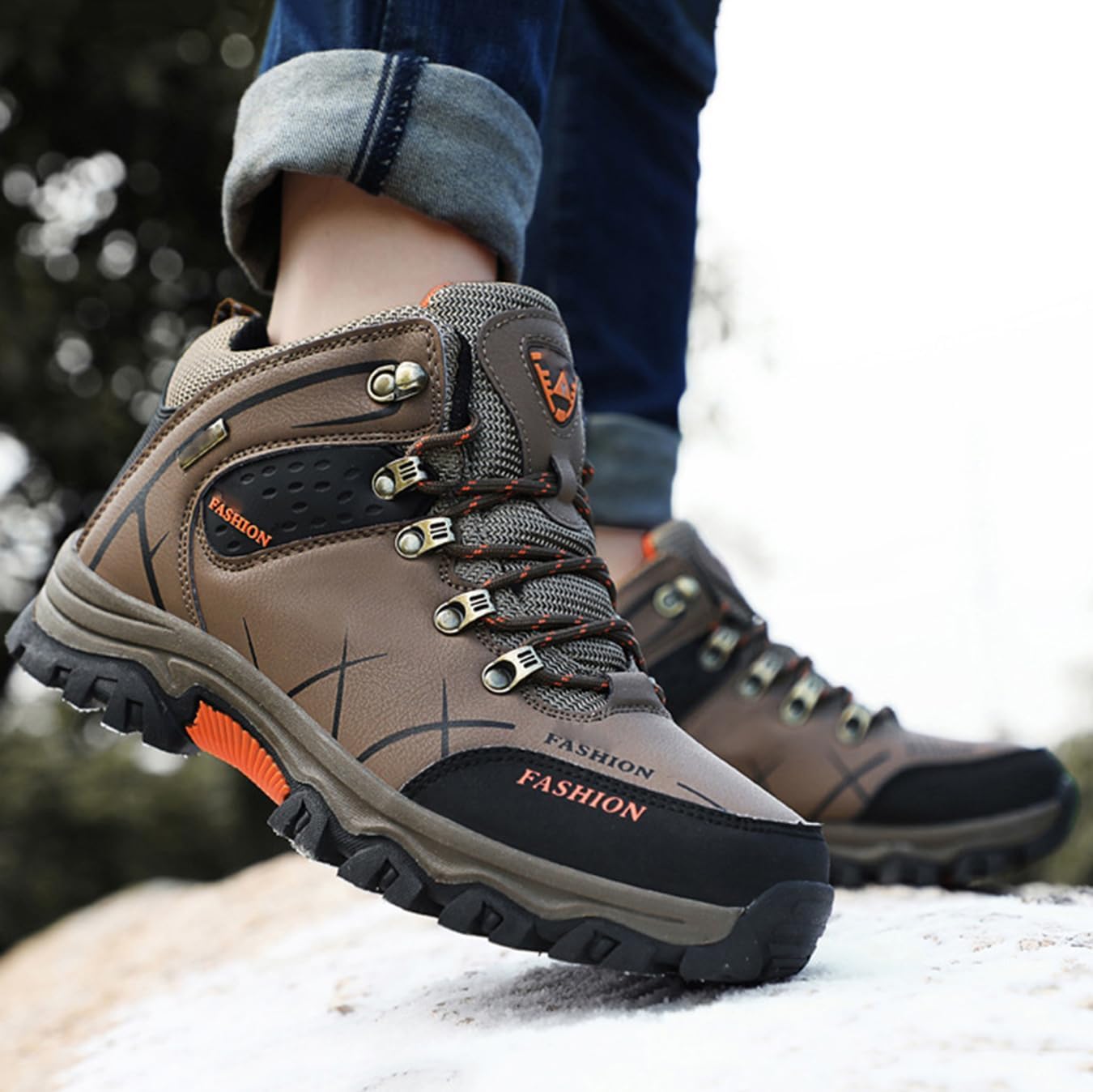 Mens Winter Hiking Boots Warm Snow Boots High-Top Non-Slip Outdoor Shoes for Trekking Fishing Camping