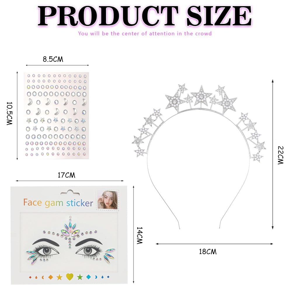 3-Piece Set: Headband Stars Rhinestone + Face Gems & Rhinestones, Halo Headpiece for Women & Girls - Image 2