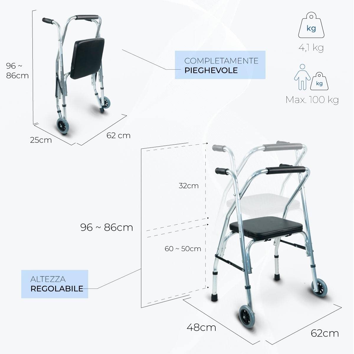 Mobiclinic®, Deambulatore per anziani, Compostela, Marchio europeo, 2 ruote, Pieghevole in alluminio, Leggero, Con seduta, Schienale imbottito, Regolabile altezza