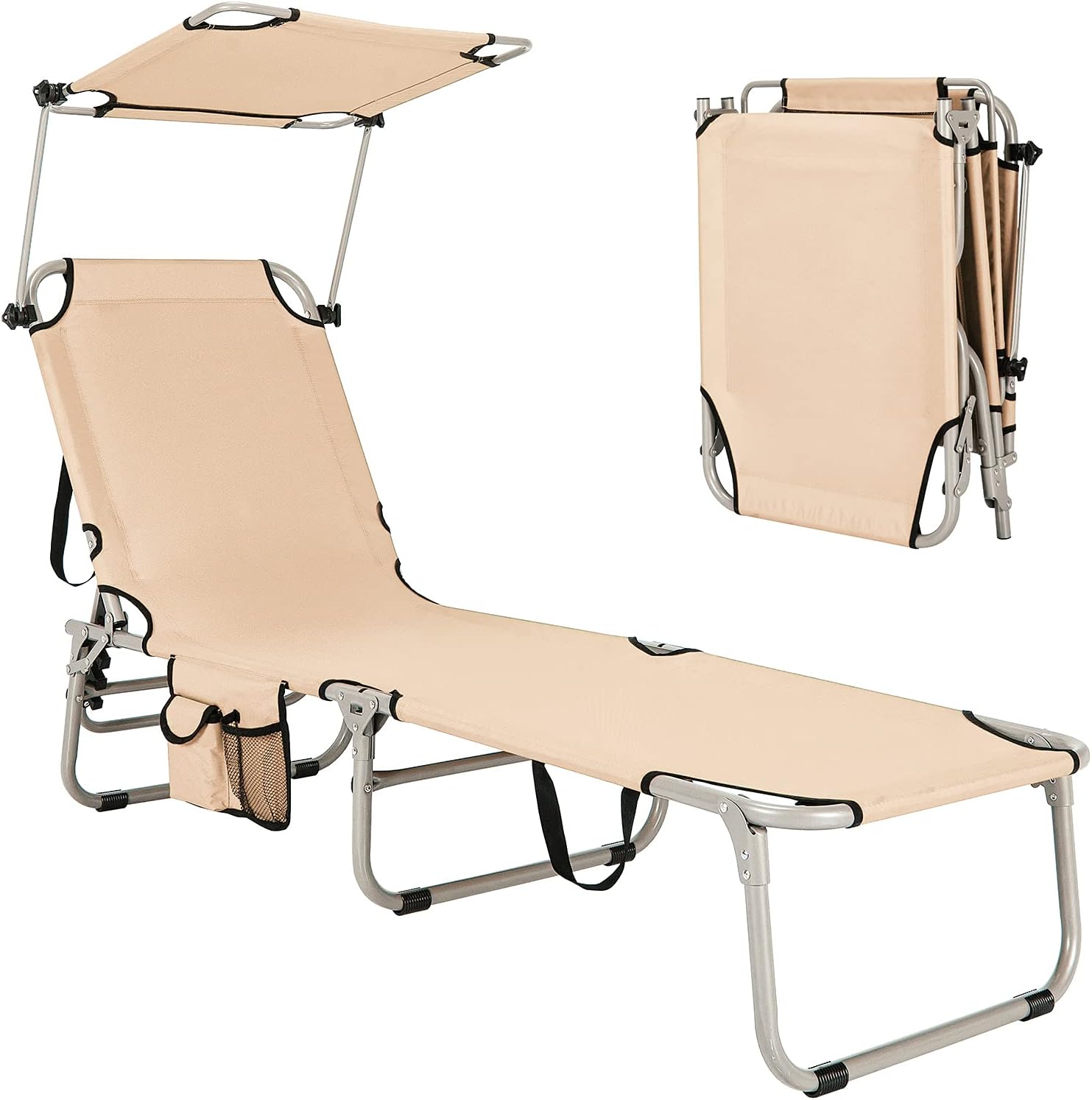 GYMAX Folding Chaise Longue, Adjustable Beach Chair with Canopy Sun