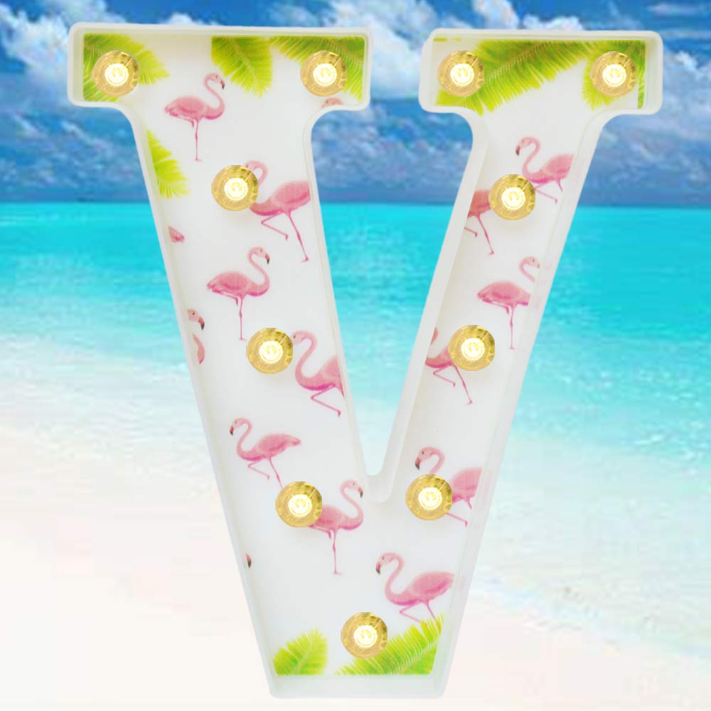 Pooqla LED Marquee Letter Light Sign, Light Up 26 Alphabet Letters Summer Flamingo Palm Tree Painted for Party Christmas Decoration V