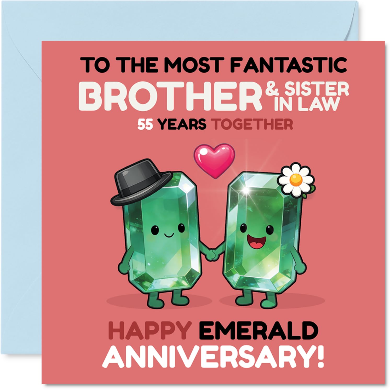 Playful 55th Anniversary Card for Brother & Sister in Law - Emerald Anniversary Giggles - Two Adorable Gemstones Holding Hands - 145mm Square, Envelope Included