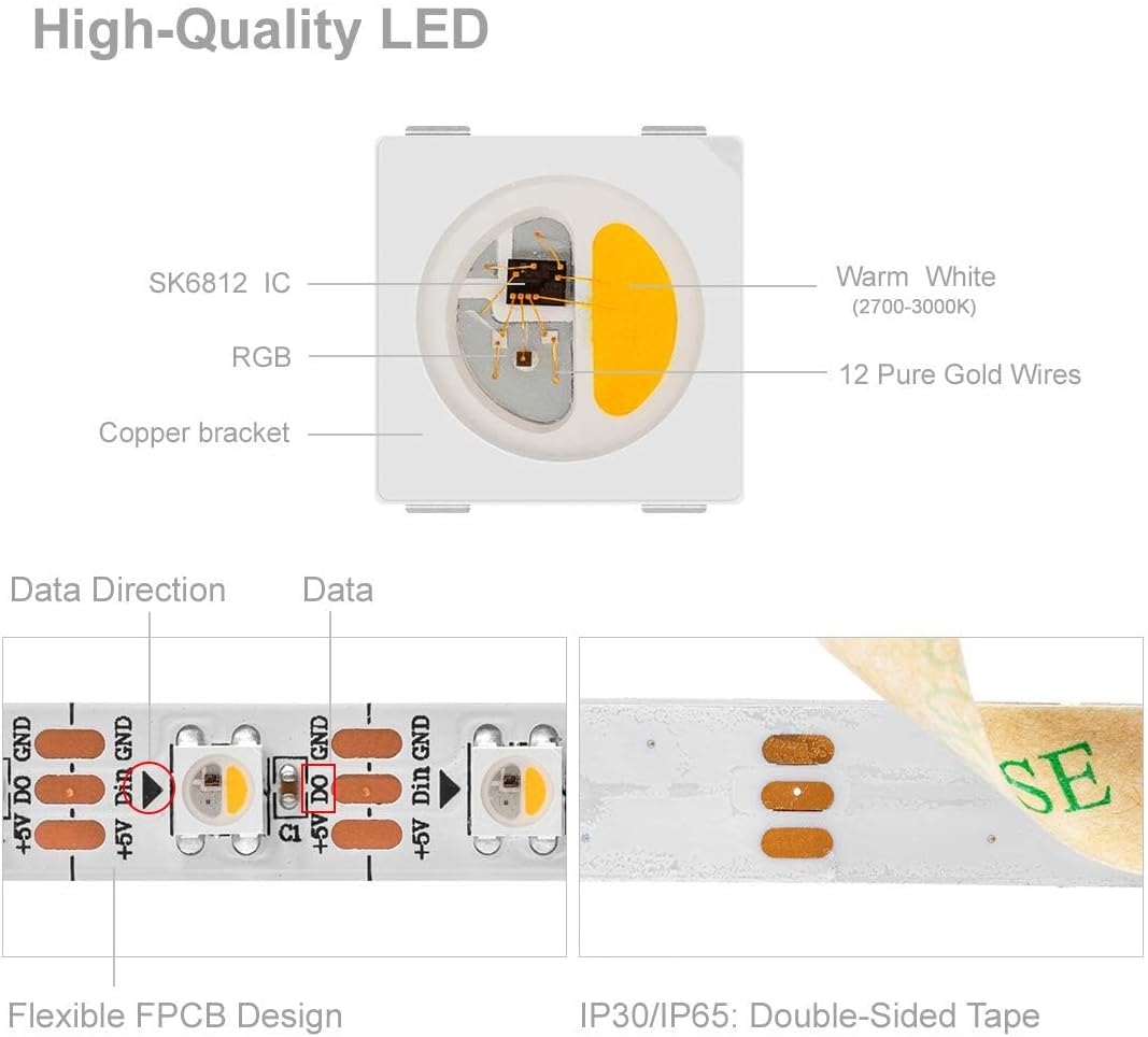 BTF-LIGHTING RGBW RGB+Warm White SK6812 (Similar WS2812B) 4 Colors in 1 LED Strip Individually Addressable 16.4ft 60Pixel/m 300LED Light Dream Color IP30 DC5V White PCB (No Adapter or Controller) - Image 4