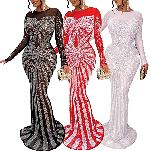 PORRCEY Sexy Elegant Rhinestone Dress for Women Mesh See Through Bodycon Birthday Cocktail Party Club Night Evening Gowns4