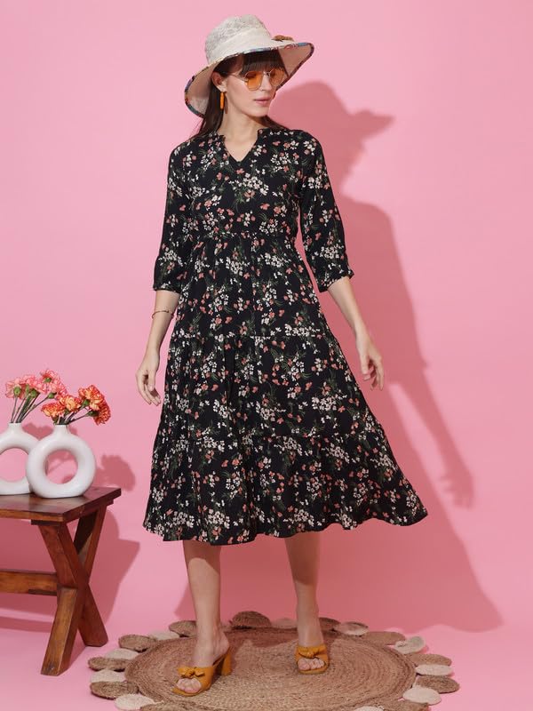 Image of Sheetal Associates Women's Casual 3 /4 Sleeve Crepe Fit and Flare Dress| Comfortable Relaxed Fit Summer Party Dress
