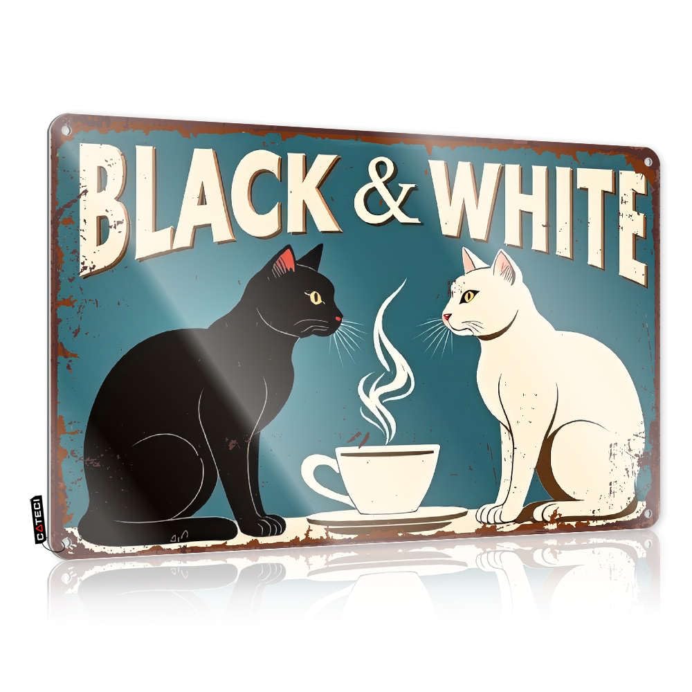 Decore Cool Wall Decor Rustic Gift For Plumber | Black & White Cats Enjoying Tea Together Preppy Metal Wall Decor For Bars Home(30X40CM)