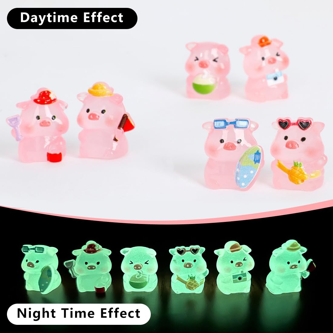 PLUSHCEWT 6 Pcs Mini Resin Animals Glow in The Dark,Miniverse Animal Pink Lucky Pig Figurines,Tiny Resin Animals for Fairy Garden,Home Desk Decor,DIY Miniature Crafts & Party Favors - Image 3