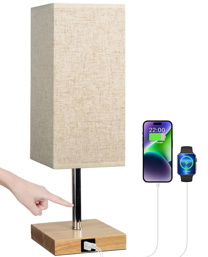 WchyanrModern Led Desk Lamp with USB C and A Ports,Touch Control Bedside Table Lamp with 3-Way Dimmable for Bedroom Dorm Study and Office (Square Base)