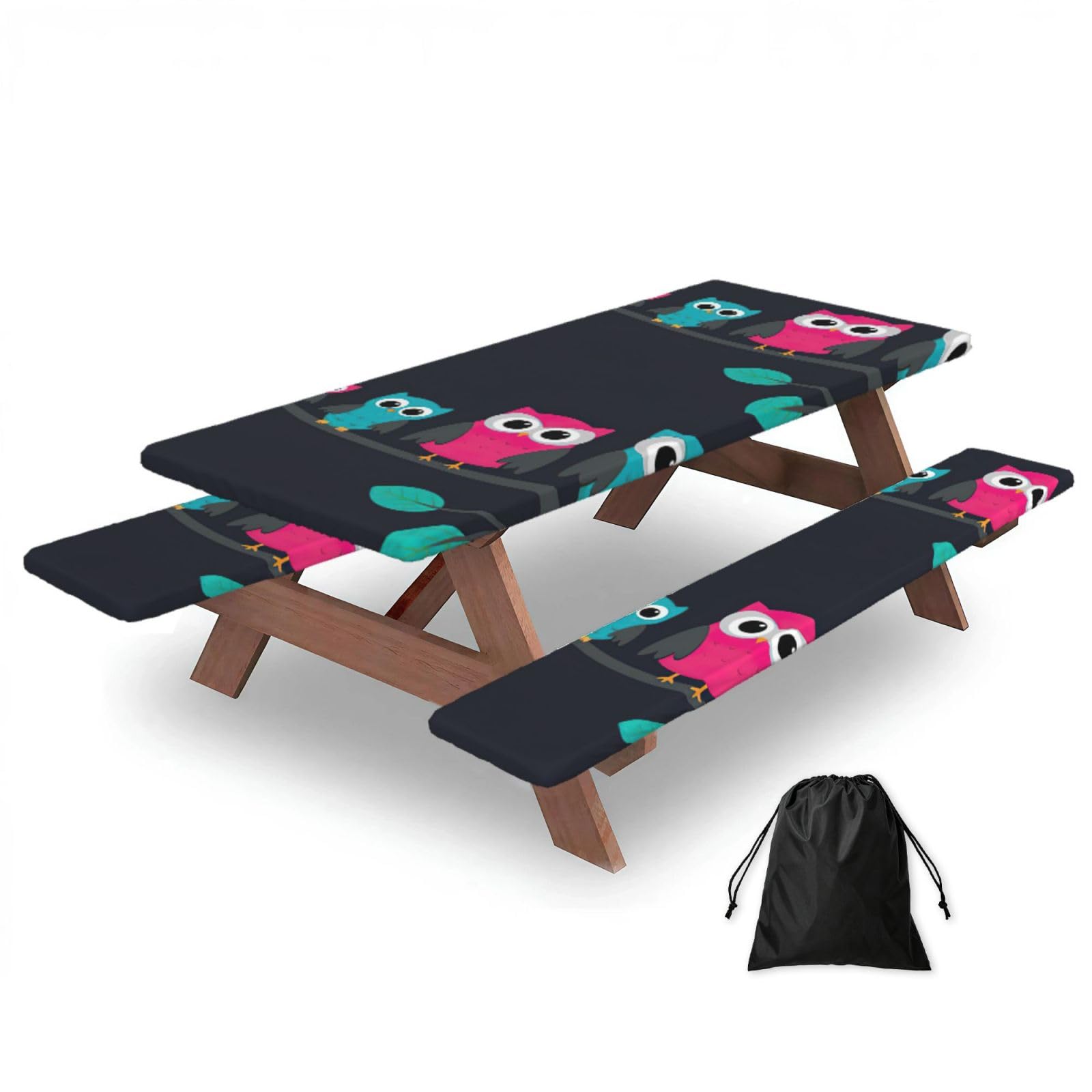 Yqxwjl Black Cute Owls Print Camping Essentials Waterproof Camping Table And Bench Cover With Drawstring Bag 183 Cm