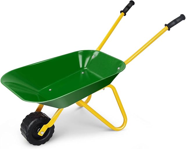 GYMAX Kids Metal Wheelbarrow, Child Gardening Trolley Toy, Indoor Outdoor Play Tools for Children, Toddlers, Boys and Girls
