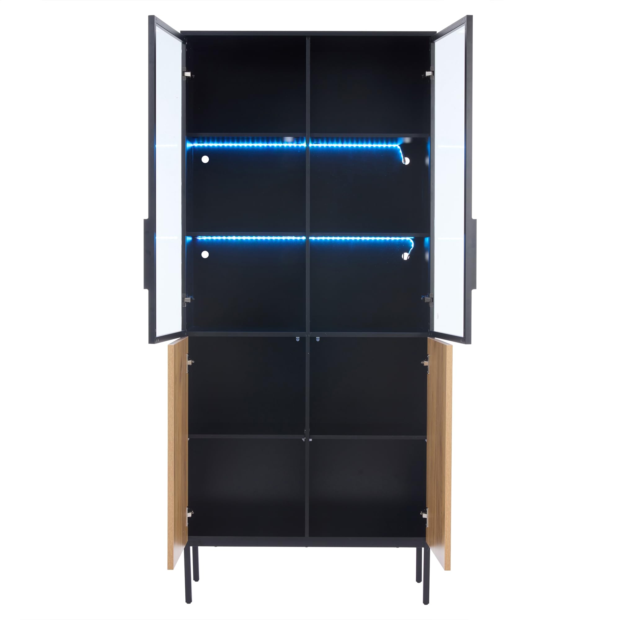 BTM Vitrine Glastüren, 180 cm hoher Schrank LED-Leuchten, Bücherregal, 5-stöckige Glasvitrine Sammlerstücke, Büro, Schwarz/Eiche