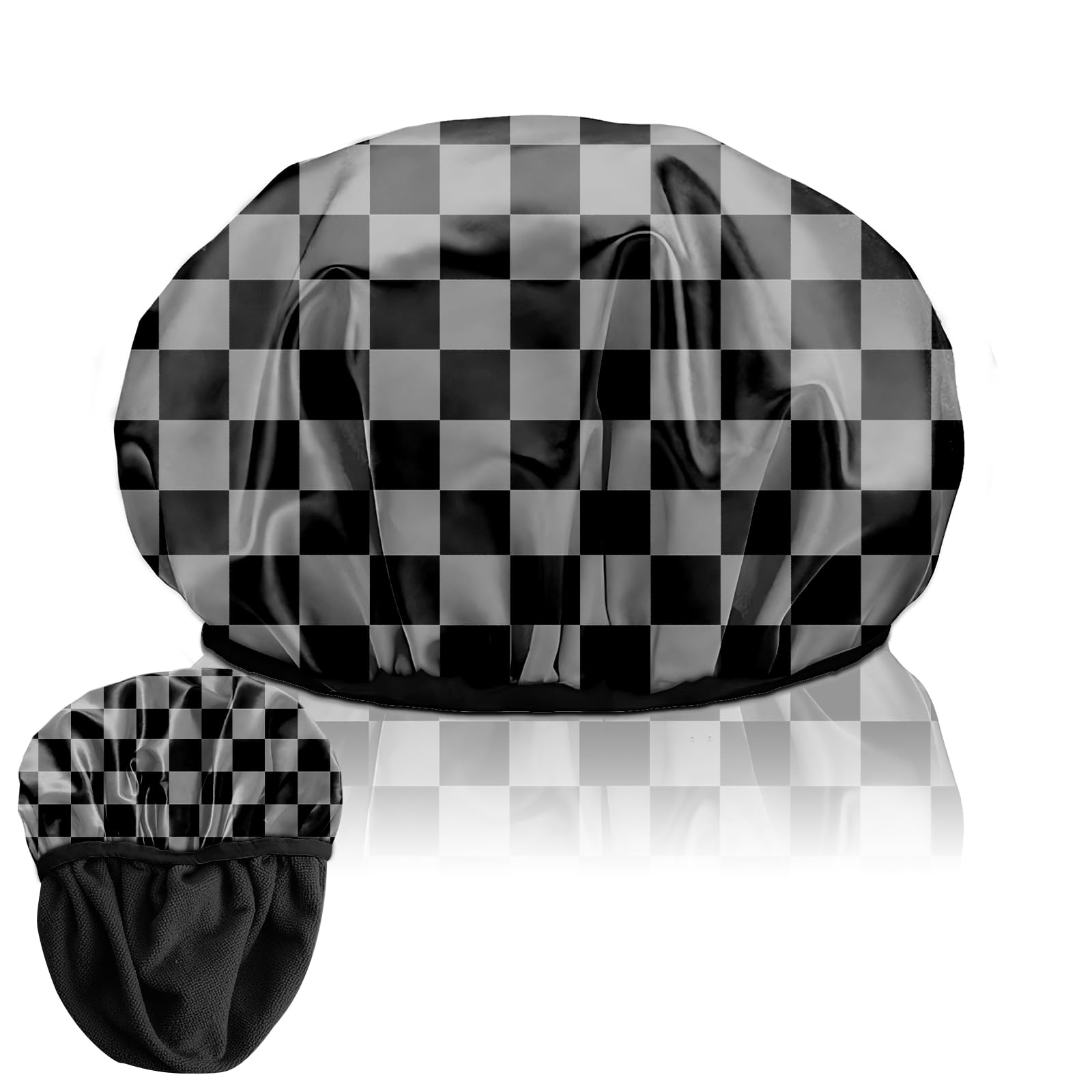Deokke Duschhaube, wiederverwendbar, dreilagig, elastisch, wasserdicht-Luxus Duschhaube mit Terrystoff-Futter zum Haar trocknen, niedlich für Frauen und Mädchen (F17-schwarz kariert)