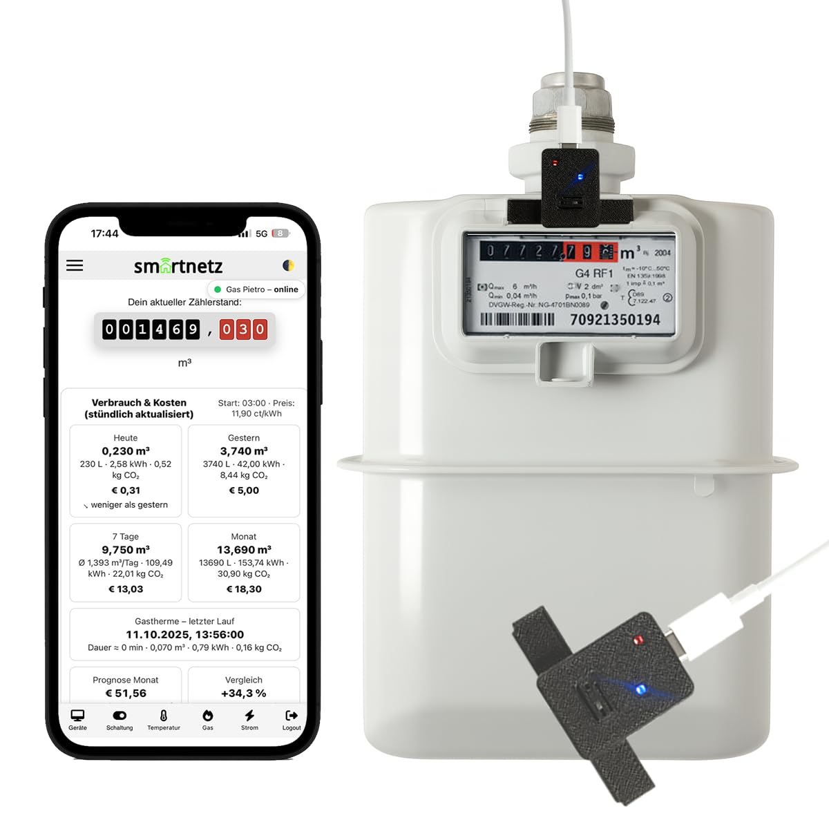 GASREADER 5 Mini Pipersberg/Schlumberger/Itron 0,1 m³ / 0,01 m³ / Impuls G4, G4, G10 RF1 Schnittstelle - WiFi mit TASMOTA vorinstalliert (Actaris RF1 0,1 m³ / Impuls)