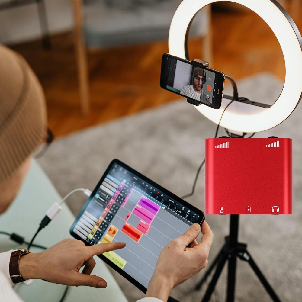 Lightning & Type-C Live Streaming Microphone Adapter with Charging Port - Mic Adapter for Podcast/Twitch/YouTube/TikTok Live Stream, 3.5mm Audio Jack & Real-Time Monitoring (iOS/Android/PC) (red)