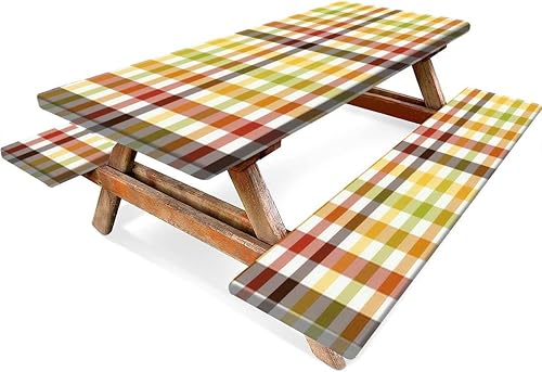 Picnic Table Cover with Bench Covers 3 Piece Set Autumn plaid Multicolored gingham vichy check brown red orange green Elastic Fitted Tablecloths