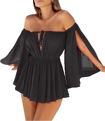 ECDAHICC Womens Chiffon Off Shoulder Mini Dress Front Lace Up Long Sleeve Short Dress Summer Casual Sundress Beach Cover Up