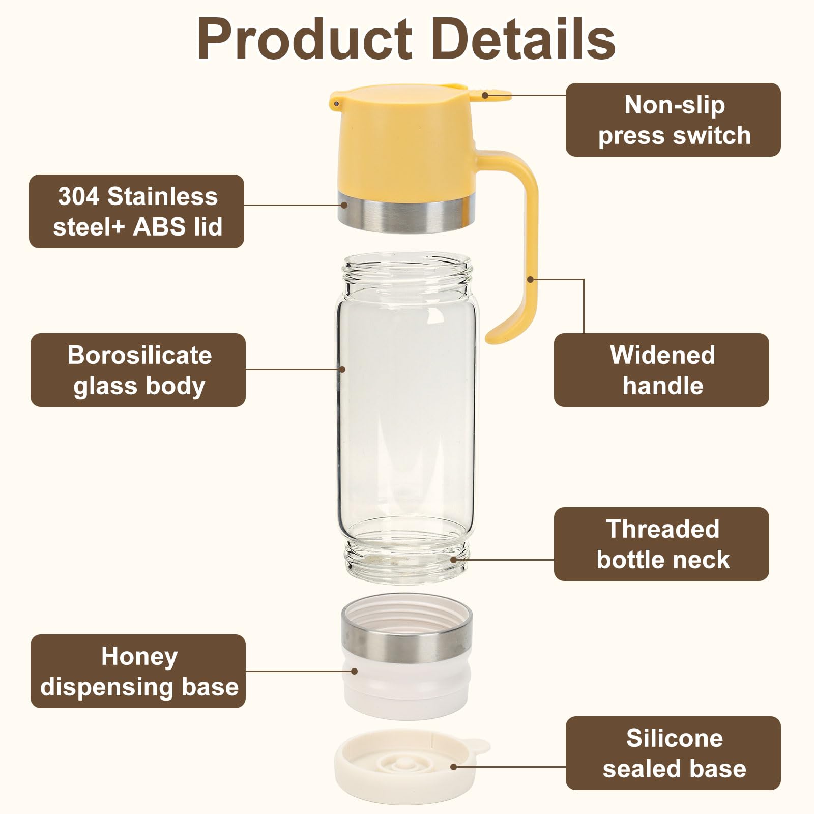 Honigspender aus Glas mit Silikonboden, kein Tropfen, Honigbehälter, Ahornsirupspender mit Griff, für Pfannkuchen, Kaffee oder Tee, Gelb, 2 Stück