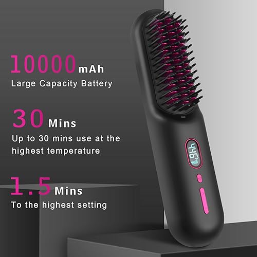 Miniatura 2 de DESIPESI Cepillo alisador de pelo inalámbrico, cepillo portátil de iones negativos, 12 ajustes de temperatura con seguridad de apagado automático,