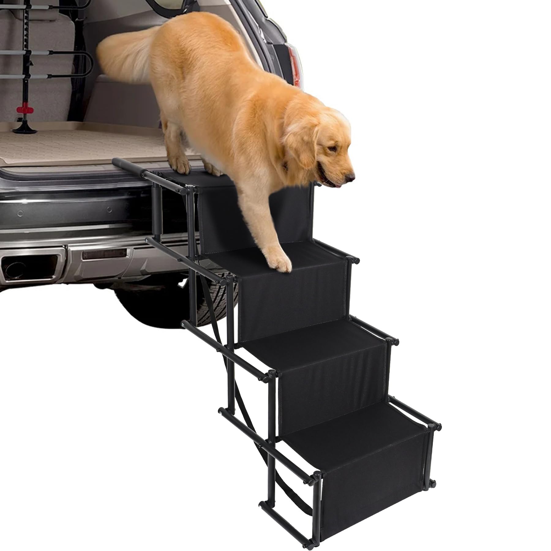 CALIYO Hundetreppe Auto Klappbar bis 75KG für Große Hunde, Höhenverstellbare 4-Stufen-Hundetreppe, Geeignet für Autos, Sofas und Betten, Gelenkschonende, sichere und stabile（Schwarz）