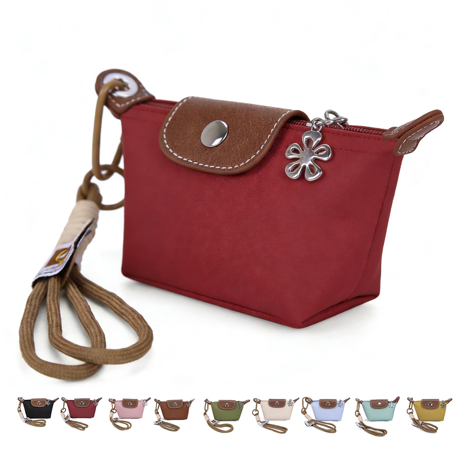 Fashion Mini Coin Purse for Women, Nylon Change Purse Zipper Wallet with Keychain for Cards, Cash, and Coins (Red)