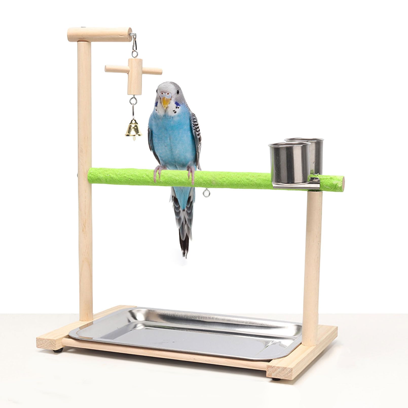 Bird Palyground, Parrot Playstand Natural Wood, Bird Perch Stand Gym with Feeder Cups and Removable Tray, Bird Cage Accessories for Parakeets Cockatiels Lovebirds