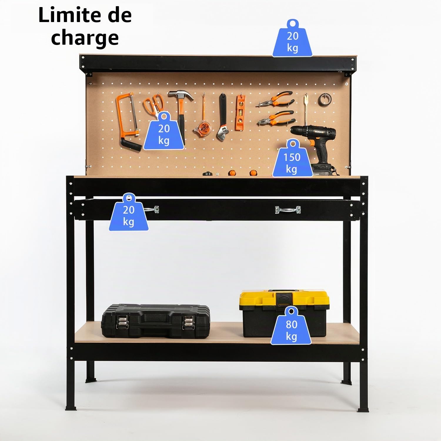 FoxHunter Établi de garage à tiroirs panneau perforé et 12 taquets porte-outils Noir Capacité 150 kg