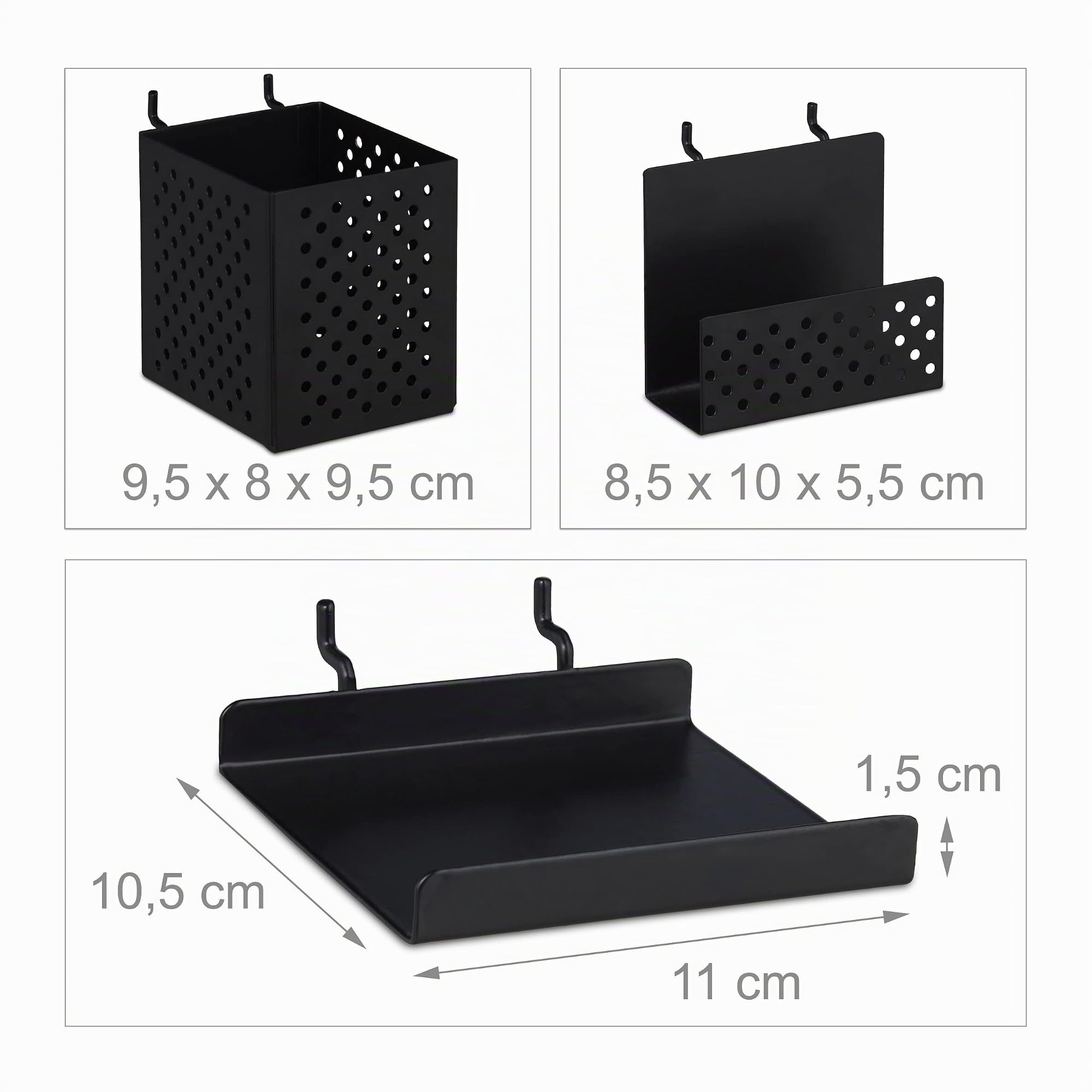 Relaxdays Panel Perforado para Herramientas, Metal, 45 x 45 cm, Tablero Pared Taller 9 Piezas, Portaherramientas, Negro