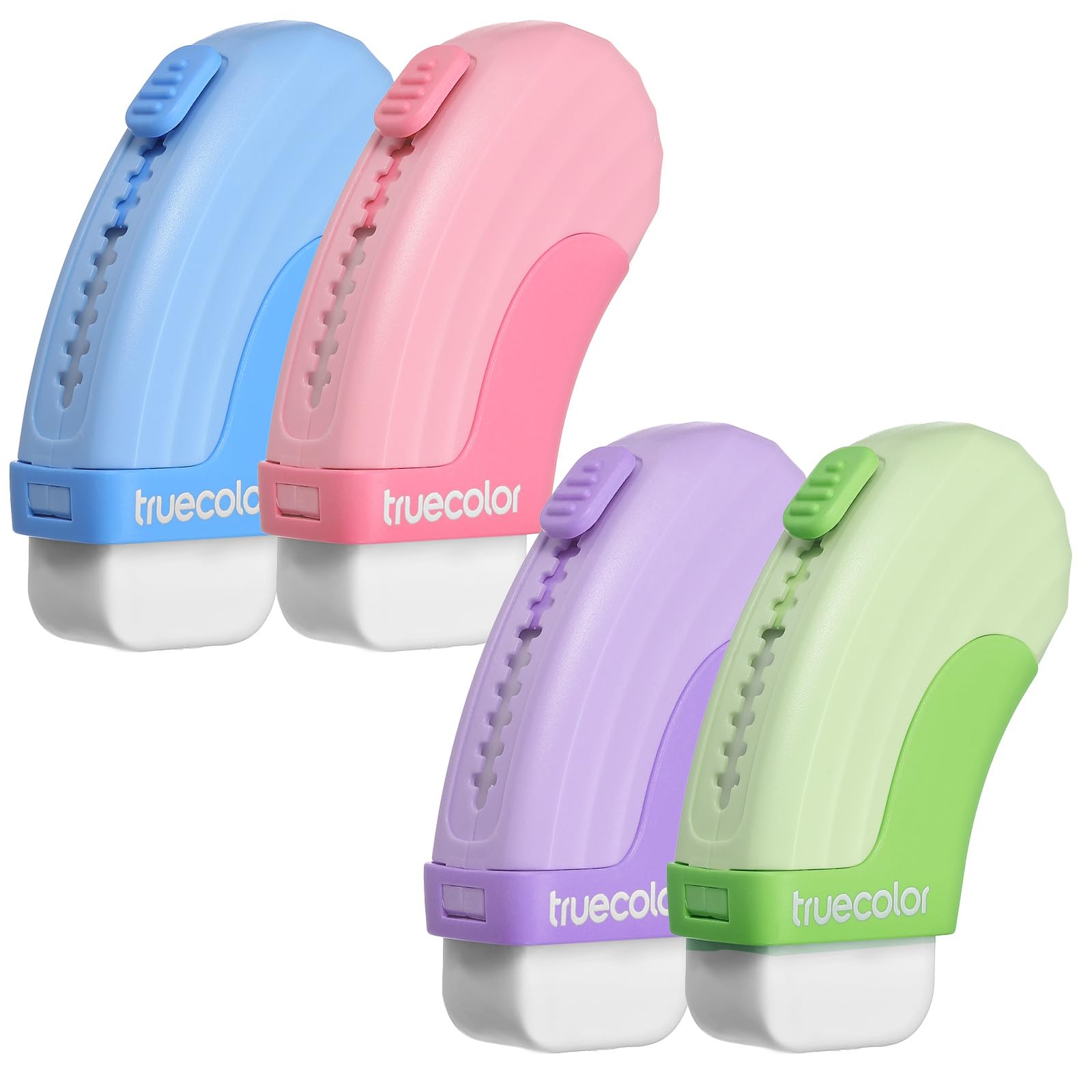 Shimmeroo 4PCS Retractable Eraser, Sliding Pencil Erasers with Protective Plastic Sleeve, Multicolor Refillable Erasers for Mechanical Pencils, School Office Home Supplies (Green Pink Purple Blue)
