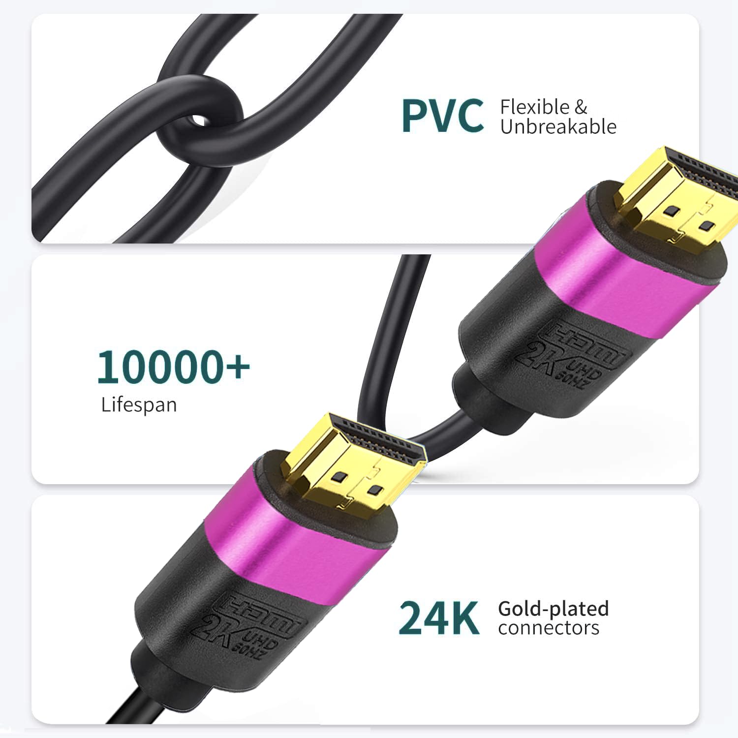 Cable HDMI de 80 pies, cable HDMI largo de alta velocidad, conector dorado (morado) 2K @60Hz 1080P DTS:X, HDCP 2.2 y 2.3, HDR 10 compatible con Roku TV/PS5/HDTV/Blu-ray